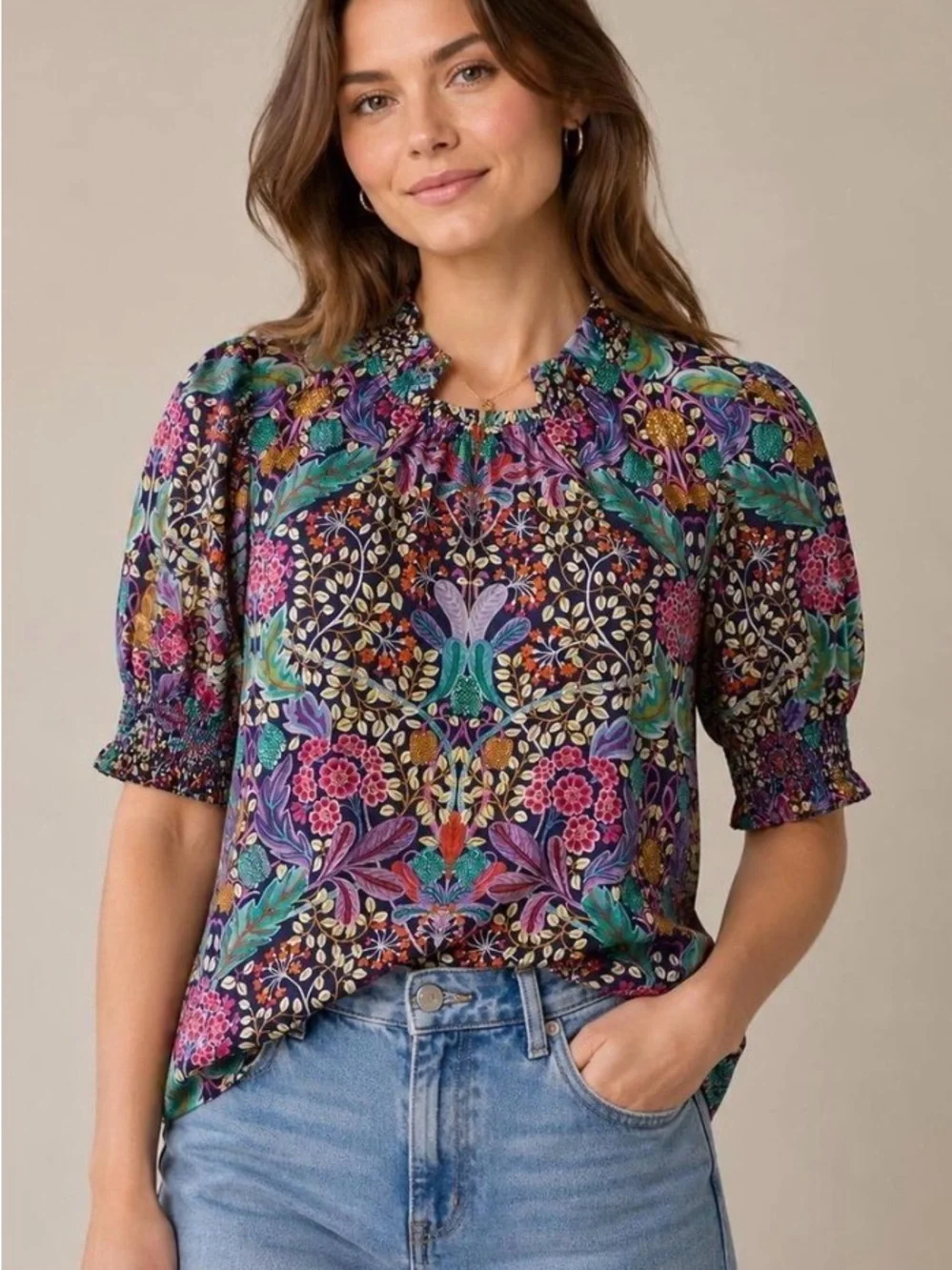 J. Crew Purple Multi Floral Botanical Smocked-Neck Puff Sleeve Blouse